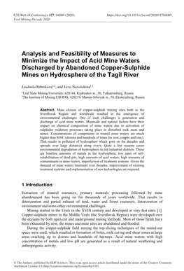Analysis and Feasibility of Measures to Minimize the Impact of Acid Mine Waters Discharged by Abandoned Copper-Sulphide Mines on Hydrosphere of the Tagil River