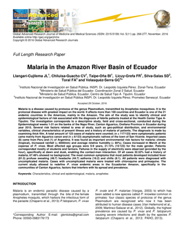 Malaria in the Amazon River Basin of Ecuador
