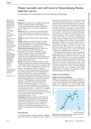 Winter Mortality and Cold Stress in Yekaterinburg, Russia: Interview Survey BMJ: First Published As 10.1136/Bmj.316.7130.514 on 14 February 1998