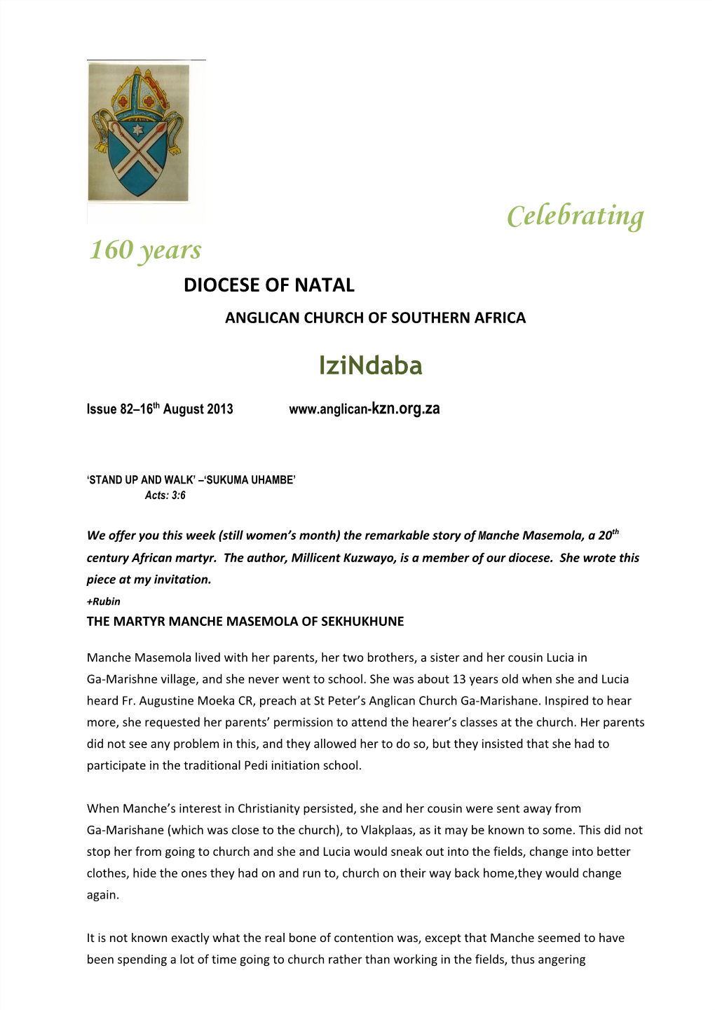 Celebrating 160 Years DIOCESE of NATAL ANGLICAN CHURCH of SOUTHERN AFRICA