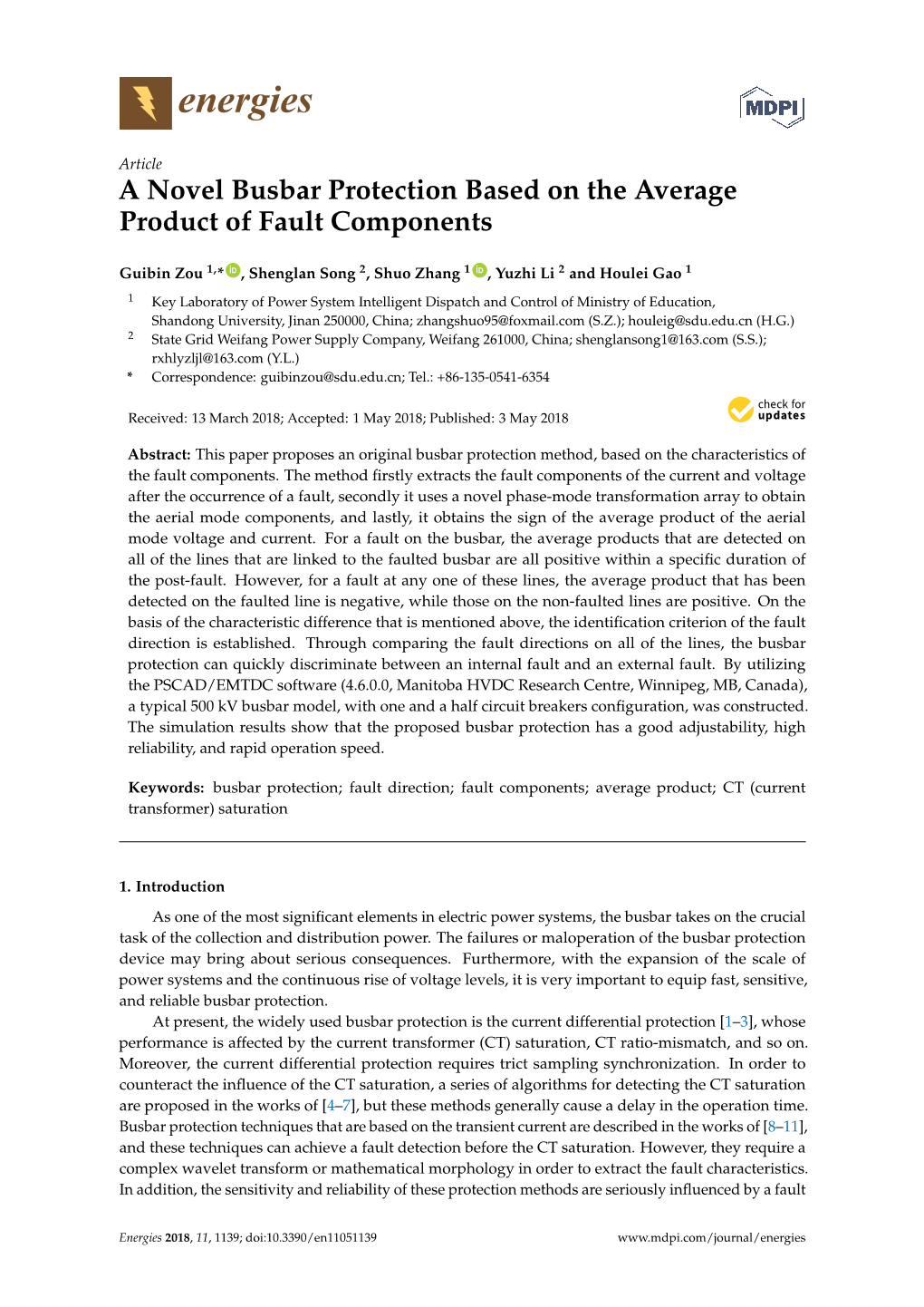 A Novel Busbar Protection Based on the Average Product of Fault Components