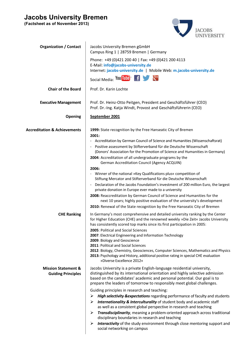 Jacobs University Bremen (Factsheet As of November 2013)