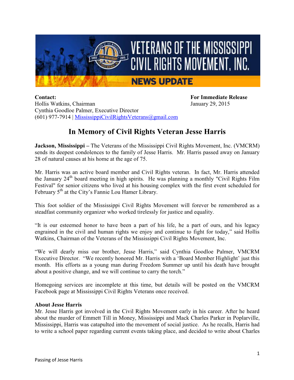 In Memory of Civil Rights Veteran Jesse Harris