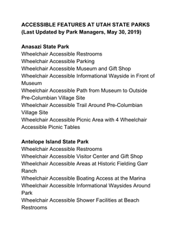 ACCESSIBLE FEATURES at UTAH STATE PARKS (Last Updated by Park Managers, May 30, 2019)