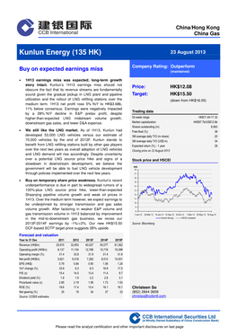 Kunlun Energy (135 HK) 23 August 2013