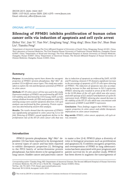 Silencing of PPMD1 Inhibits Proliferation of Human Colon Cancer