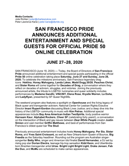 San Francisco Pride Announces Additional Entertainment and Special Guests for Official Pride 50 Online Celebration