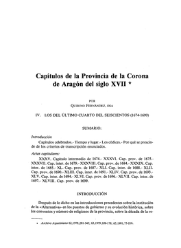 Capítulos De La Provincia De La Corona De Aragón Del Siglo XVII *