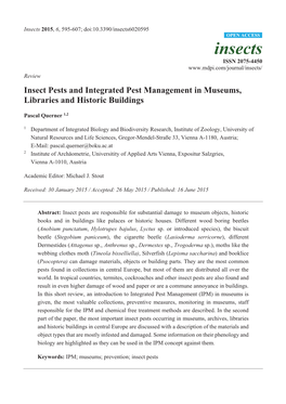 Insect Pests and Integrated Pest Management in Museums, Libraries and Historic Buildings