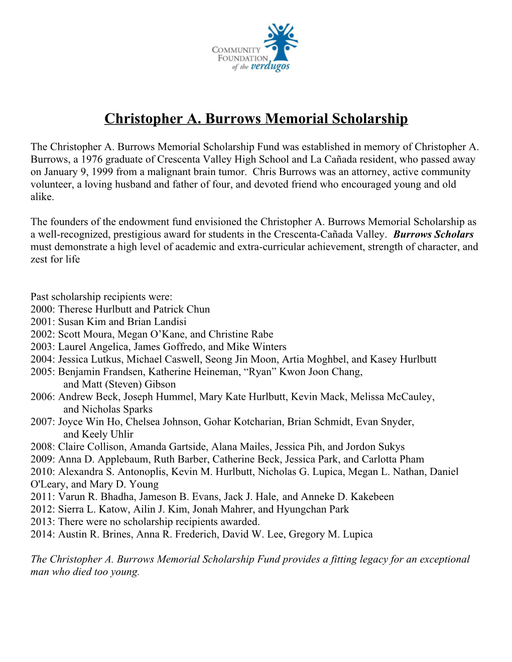 Christopher A. Burrows Memorial Scholarship