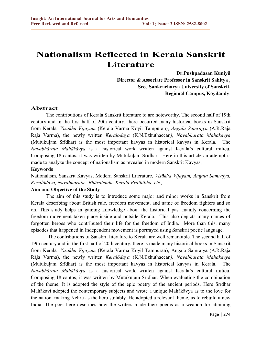 Nationalism Reflected in Kerala Sanskrit Literature