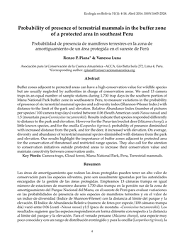 Probability of Presence of Terrestrial Mammals in the Buffer Zone of a Protected Area in Southeast Peru