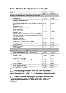 Salaries of Members of Her Majesty's Government July 2016. Notes 1