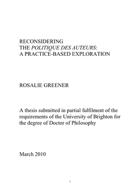 Reconsidering the Politique Des Auteurs: a Practice-Based Exploration