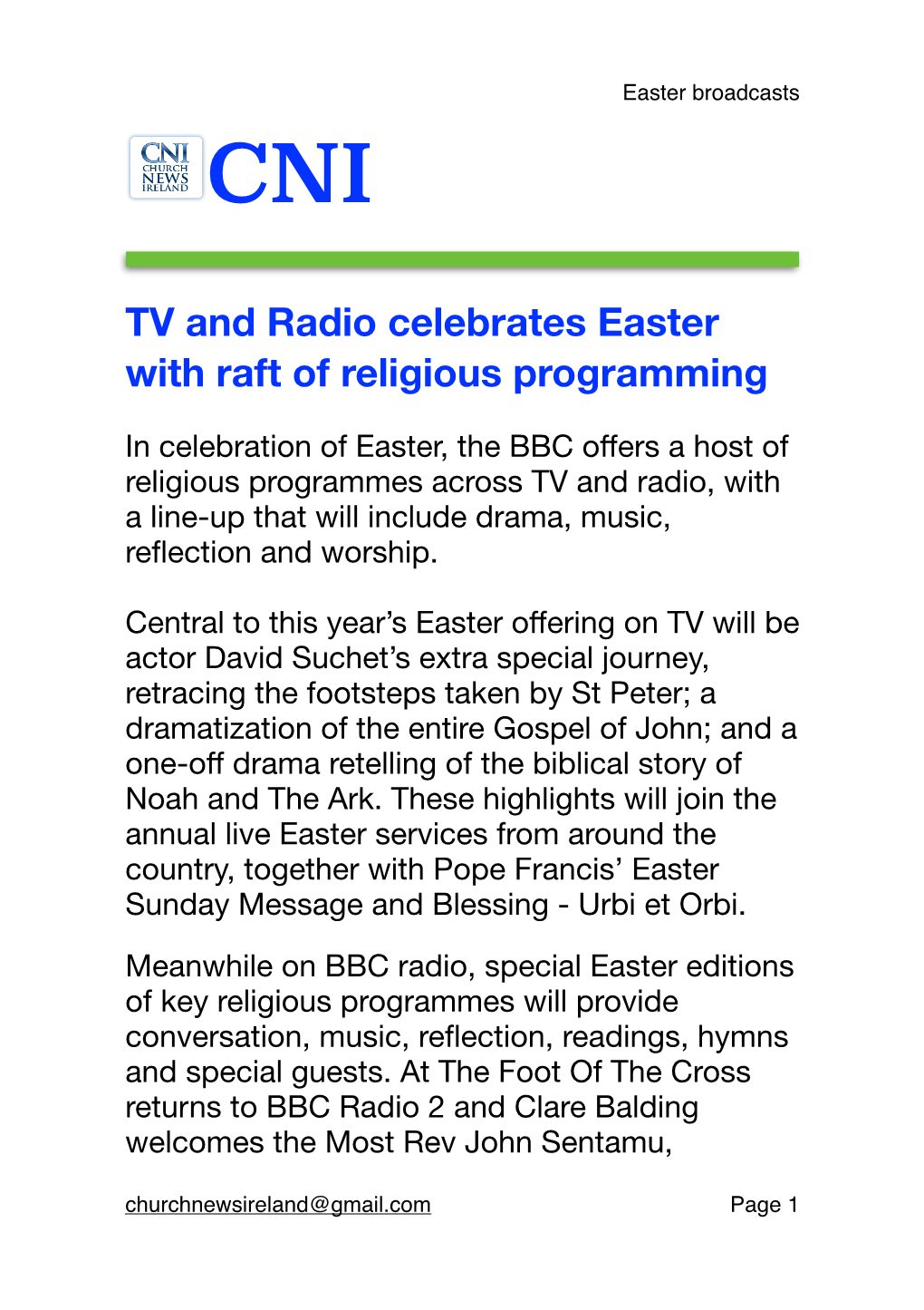 CNI -Easter Broadcasts