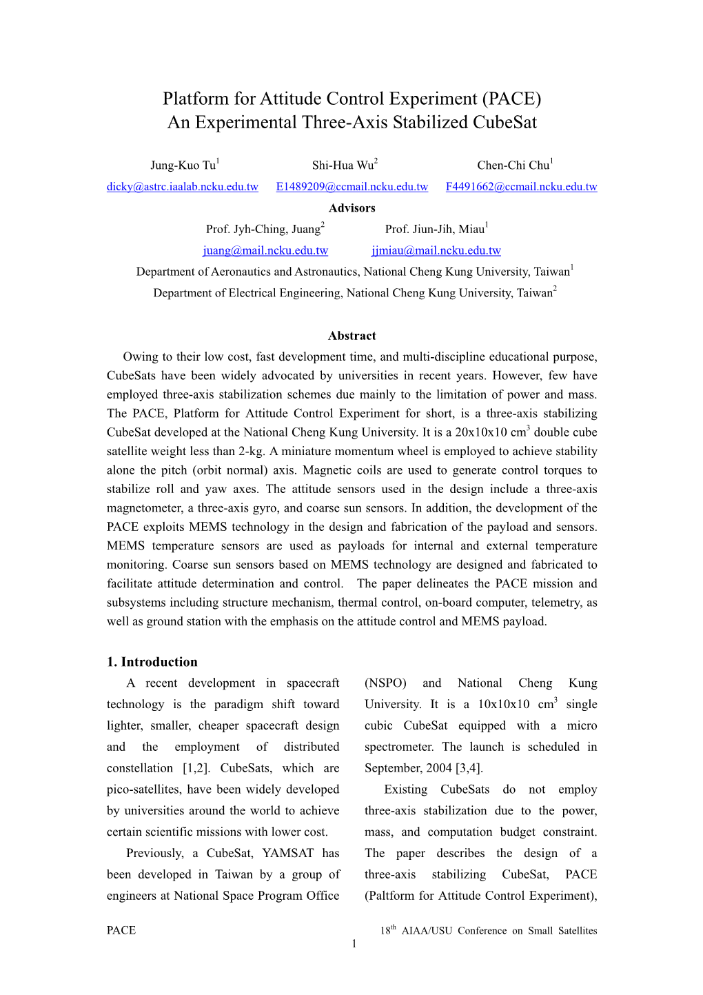 (PACE) an Experimental Three-Axis Stabilized Cubesat