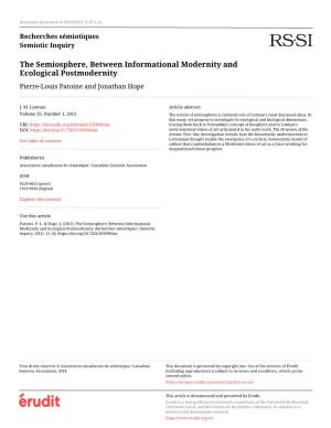 The Semiosphere, Between Informational Modernity and Ecological Postmodernity Pierre-Louis Patoine and Jonathan Hope