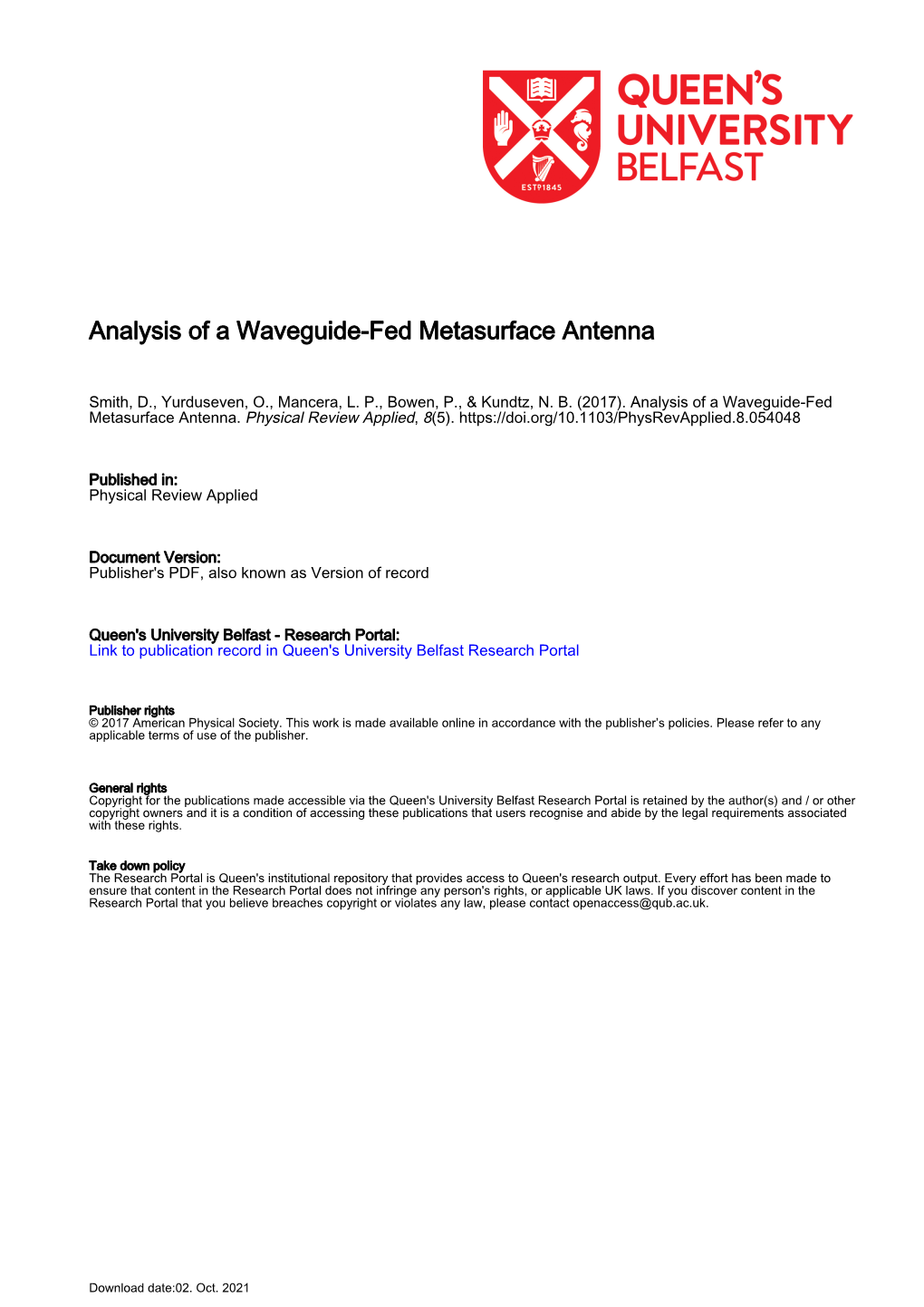 Analysis of a Waveguide-Fed Metasurface Antenna