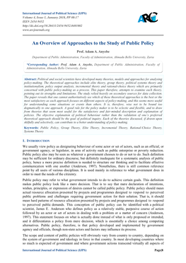 An Overview of Approaches to the Study of Public Policy