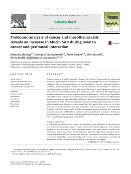 Proteomic Analysis of Cancer and Mesothelial Cells Reveals an Increase in Mucin 5AC During Ovarian Cancer and Peritoneal Interaction