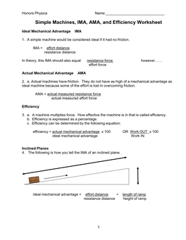 Simple Machines, IMA, AMA, and Efficiency Worksheet