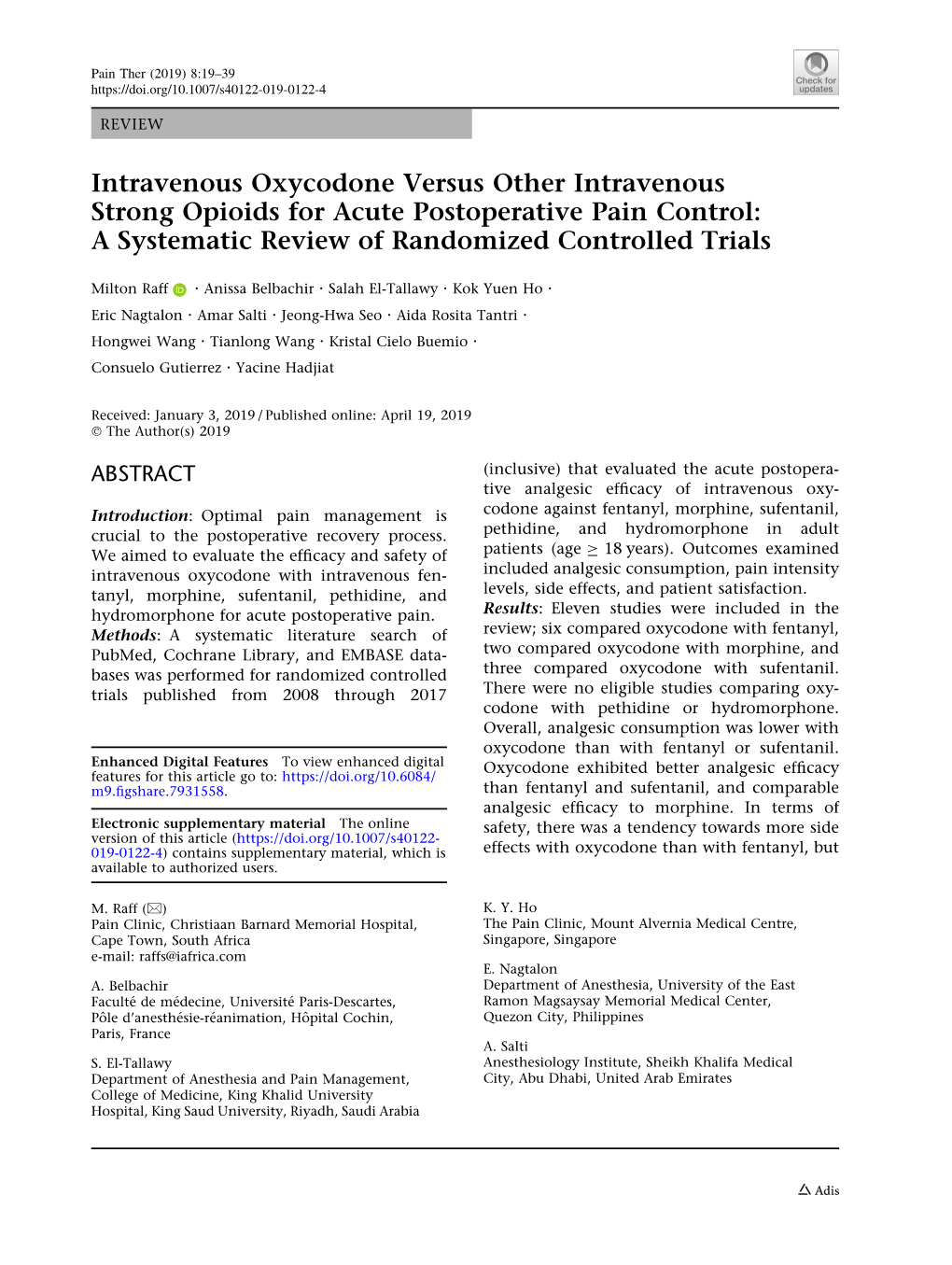 Intravenous Oxycodone Versus Other Intravenous Strong Opioids for Acute Postoperative Pain Control: a Systematic Review of Randomized Controlled Trials