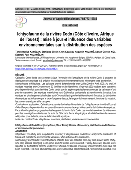 Ichtyofaune De La Rivière Dodo, Côte D’Ivoire : Mise À Jour Et Influence Des Variables Environnementales Sur La Distribution Des Espèces