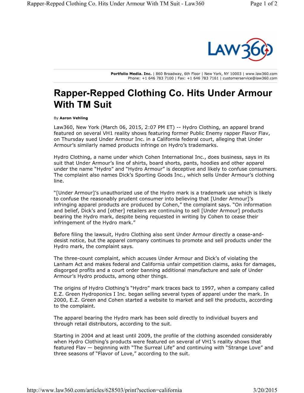 Rapper-Repped Clothing Co. Hits Under Armour with TM Suit - Law360 Page 1 of 2