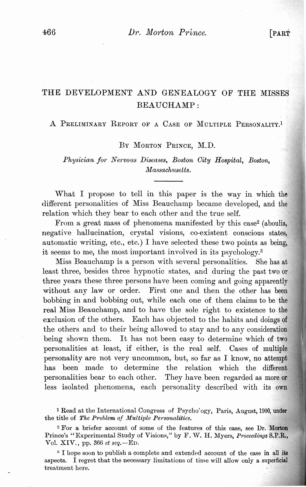 466 Dr. Morton Prince. the DEVELOPMENT and GENEALOGY of the MISSES BEAUCHAMP