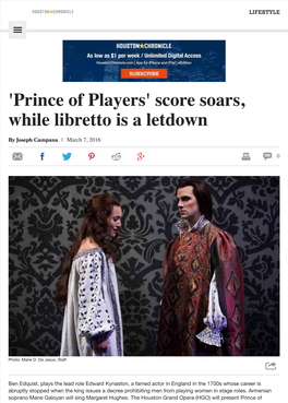 'Prince of Players' Score Soars, While Libretto Is a Letdown