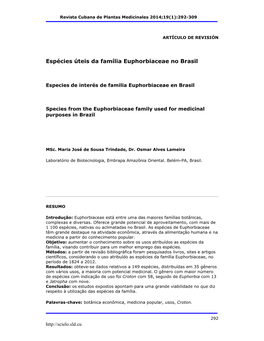 Espécies Úteis Da Família Euphorbiaceae No Brasil