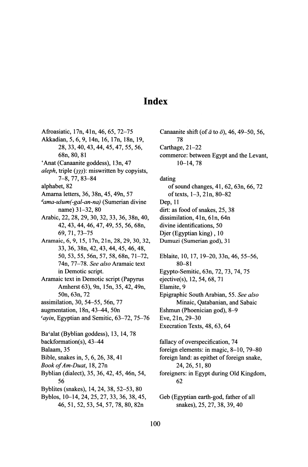 Afroasiatic, 17N, 41N, 46, 65, 72-75 Akkadian,5,6,9, 14N, 16, 17N, 18N, 19, 28,33,40,43,44,45,47,55,56, 68N,80,81 'Anat (Canaani