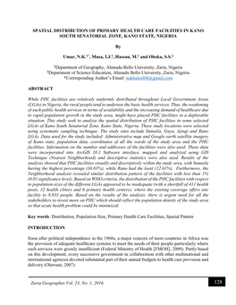 Zaria Geographer Vol. 23, No. 1, 2016 SPATIAL DISTRIBUTION OF