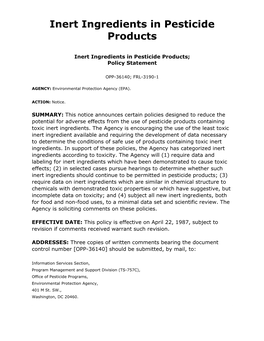 Use of Pesticide Products Containing Toxic Inert Ingredients