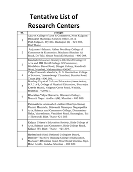 Tentative List of Research Centers Sr