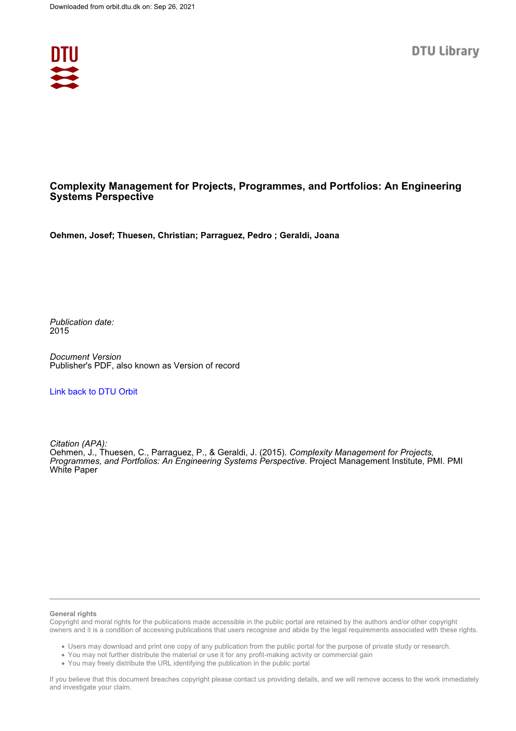 Complexity Management for Projects, Programmes, and Portfolios: an Engineering Systems Perspective
