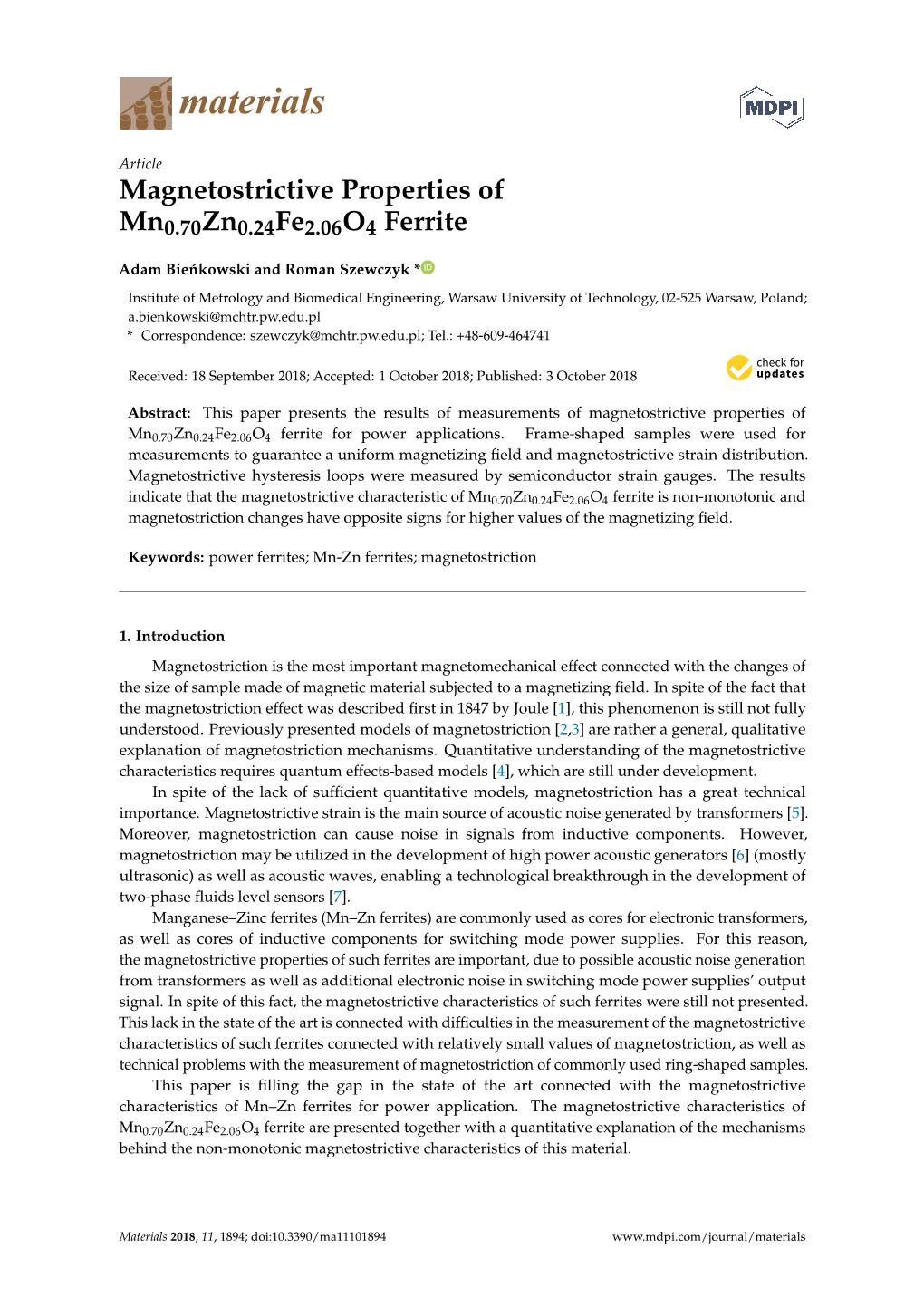 Magnetostrictive Properties of Mn0.70Zn0.24Fe2.06O4 Ferrite