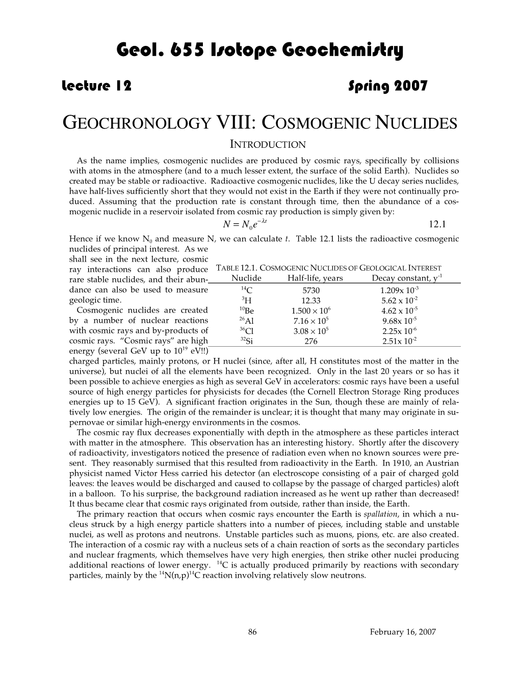 Lecture 12: Cosmogenic Isotopes In