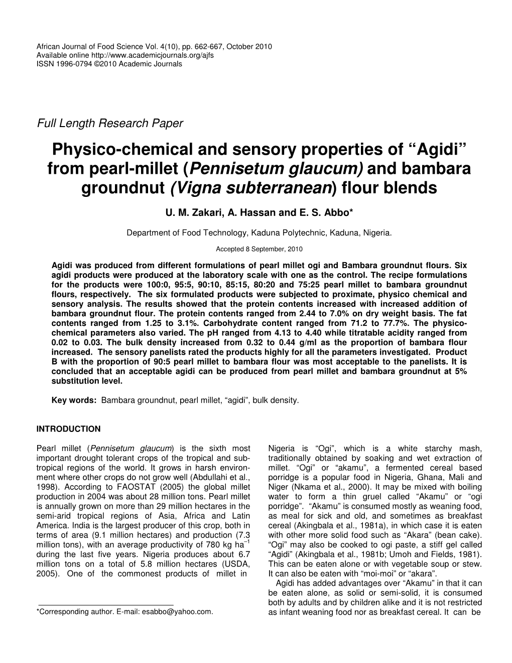 Physico-Chemical and Sensory Properties of “Agidi” from Pearl-Millet (Pennisetum Glaucum) and Bambara Groundnut (Vigna Subterranean) Flour Blends