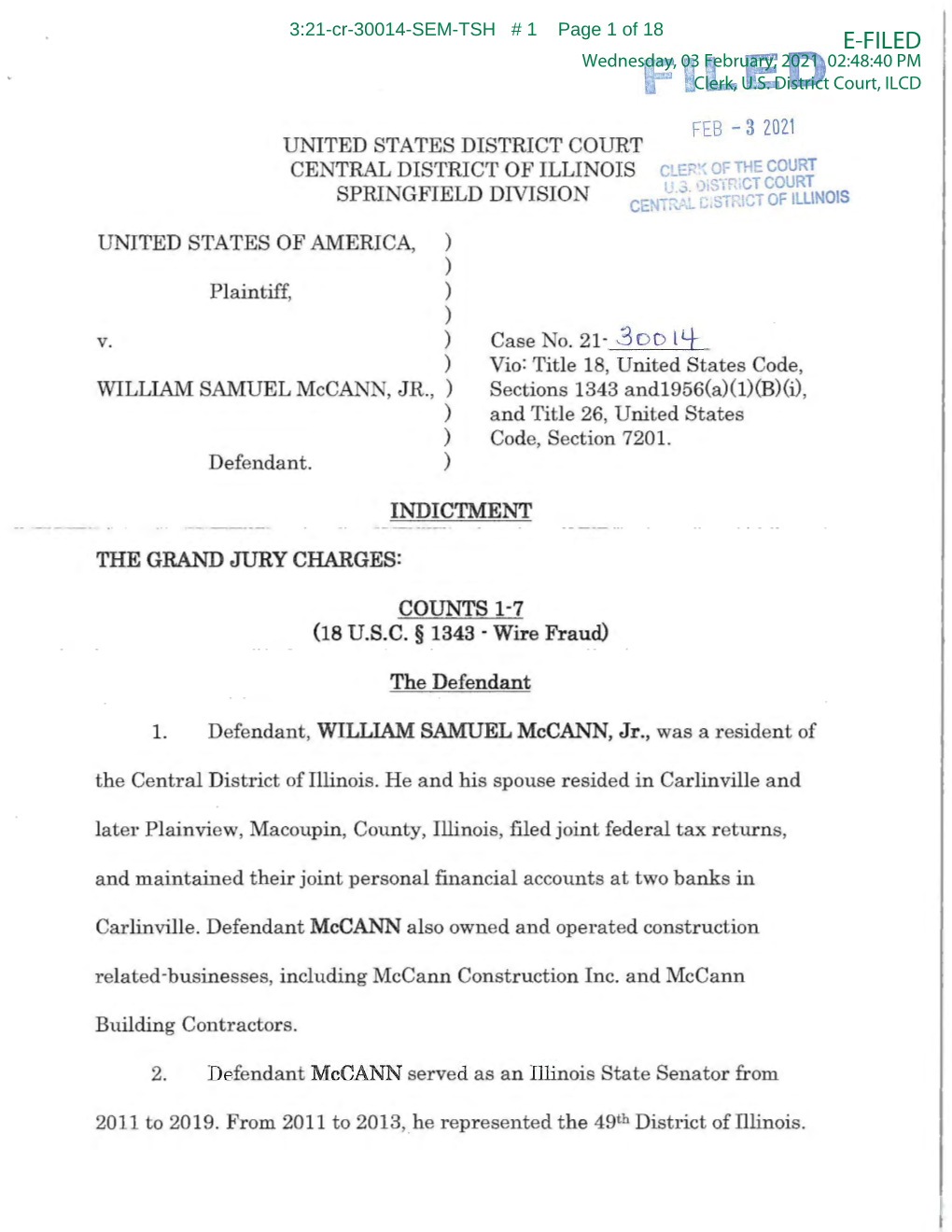 WILLIAM SAMUEL Mccann, JR., ) Sections 1343 Andl956(A)(L)(B)(I), ) and Title 26, United States ) Code, Section 7201