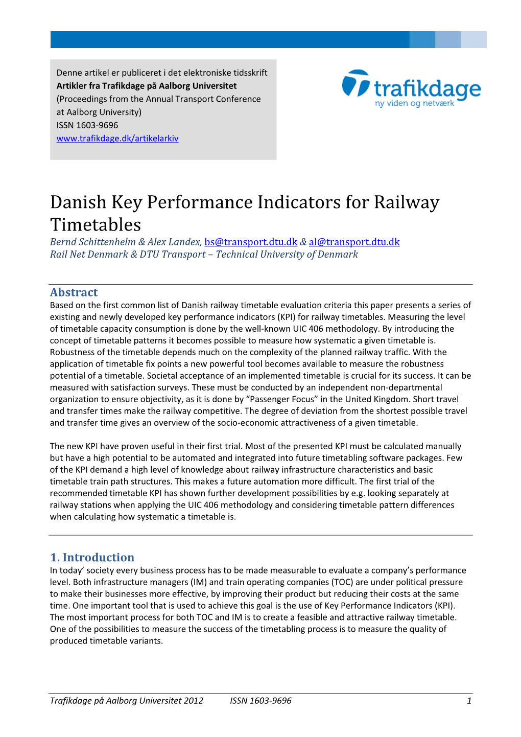 Danish Key Performance Indicators for Railway Timetables