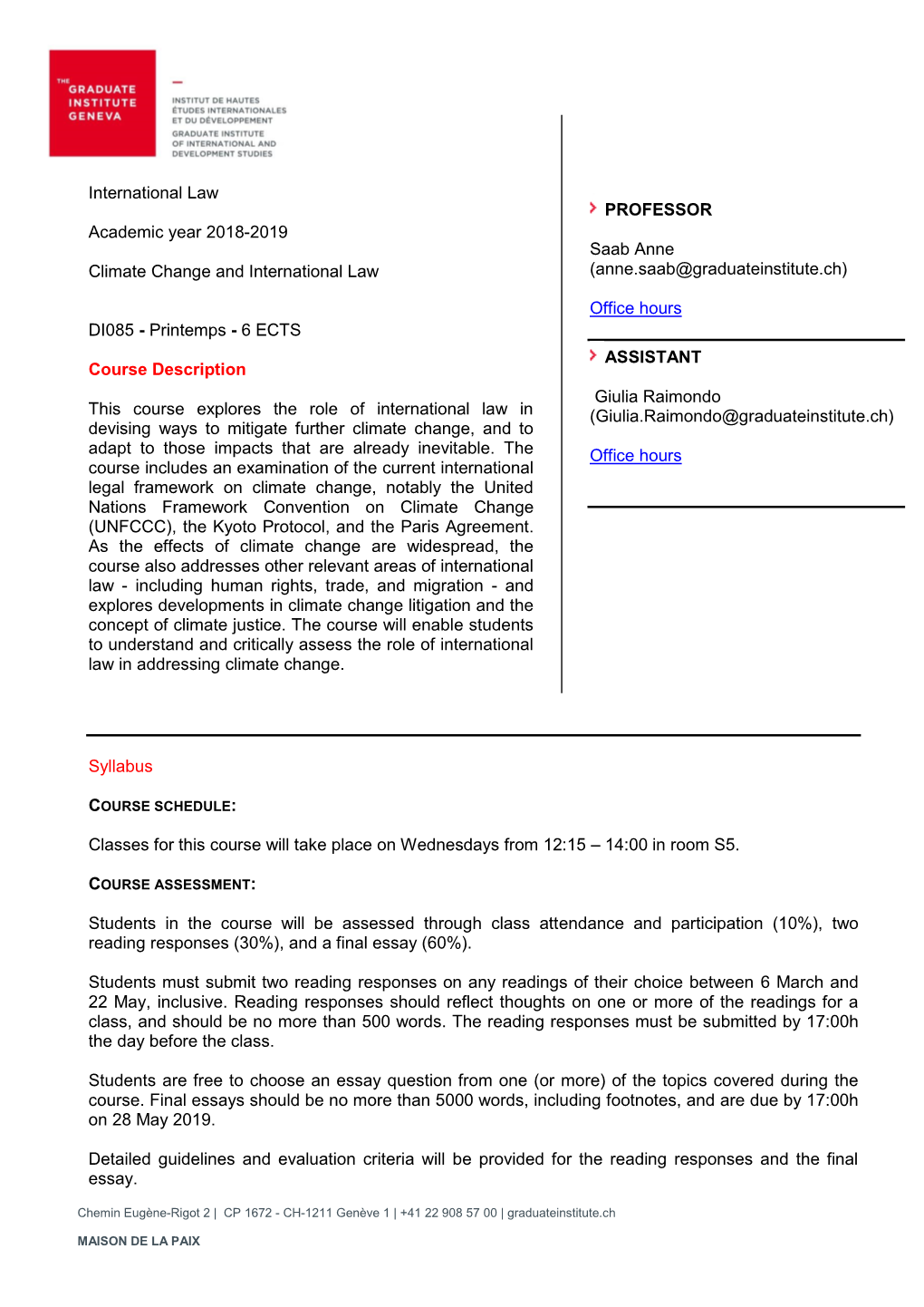 International Law Academic Year 2018-2019 Climate Change And