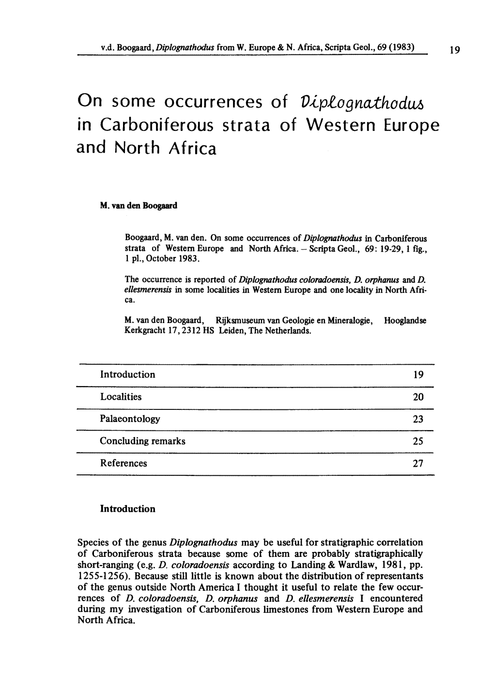 On Some Occurrences of Diplognathodus in Carboniferous Strata of Western Europe and North Africa