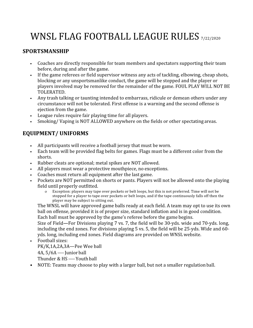 Wnsl Flag Football League Rules 7/22/2020