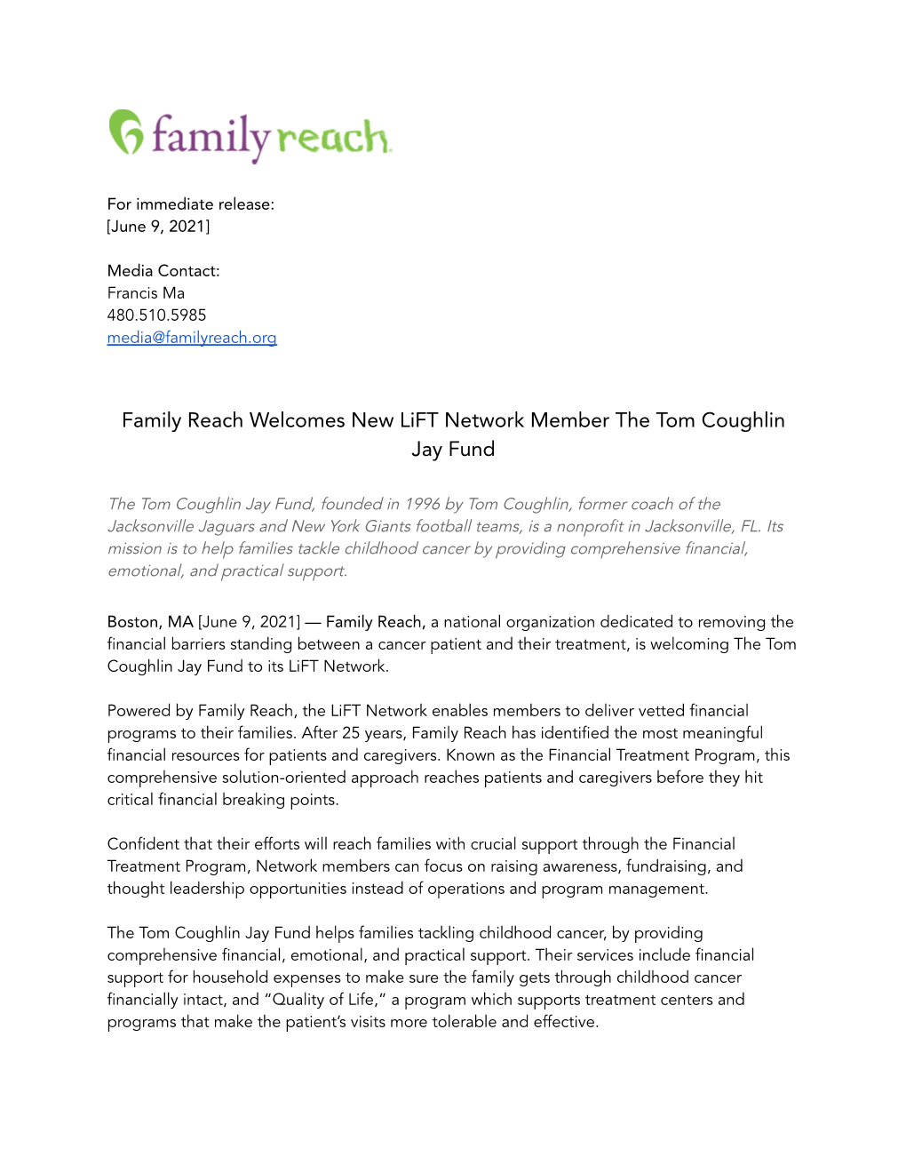 Family Reach Welcomes New Lift Network Member the Tom Coughlin Jay Fund