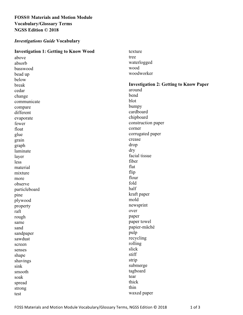 FOSS® Materials and Motion Module Vocabulary/Glossary Terms NGSS Edition © 2018