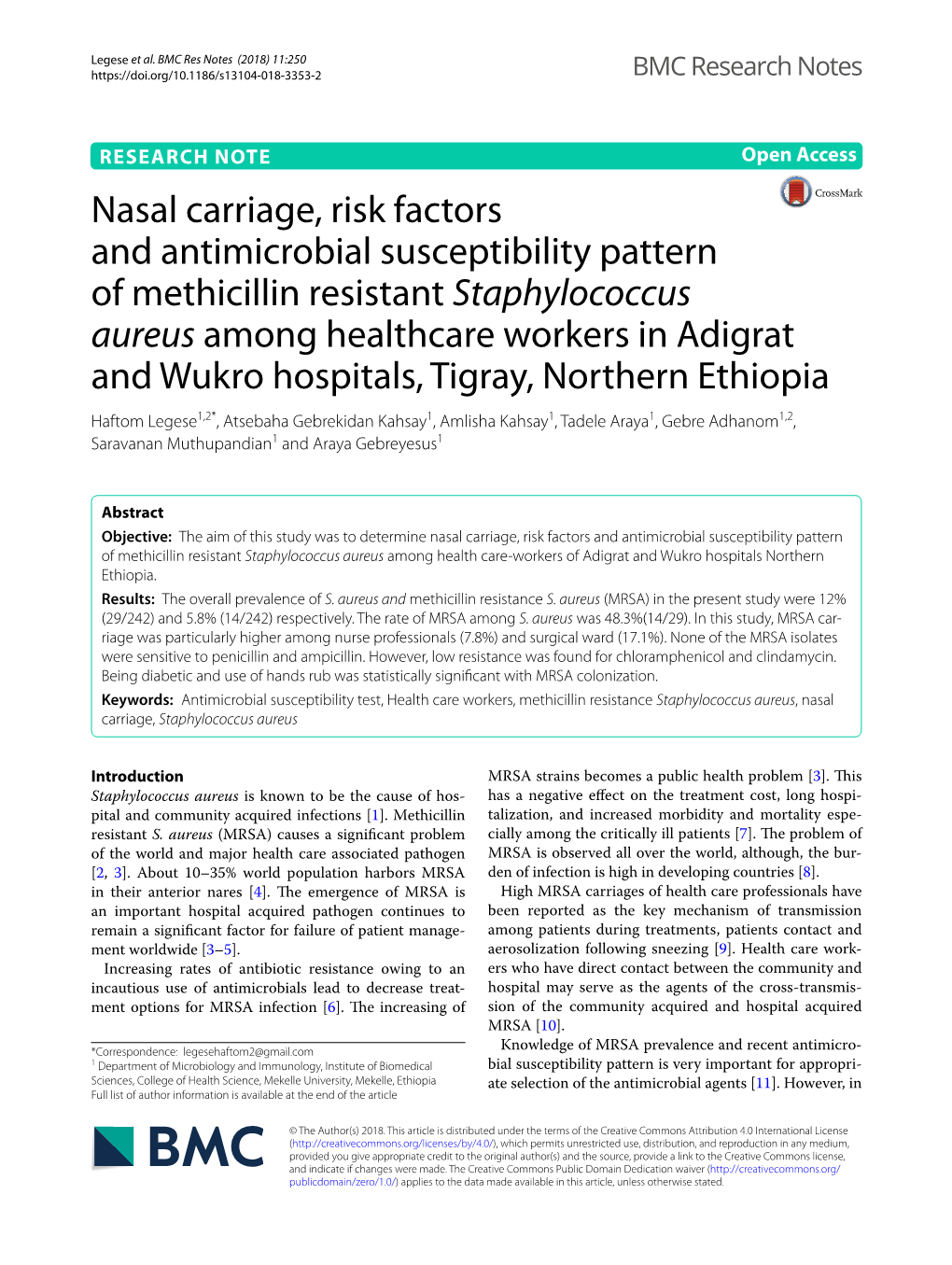 Nasal Carriage, Risk Factors and Antimicrobial Susceptibility Pattern of Methicillin Resistant Staphylococcus Aureus Among Healt