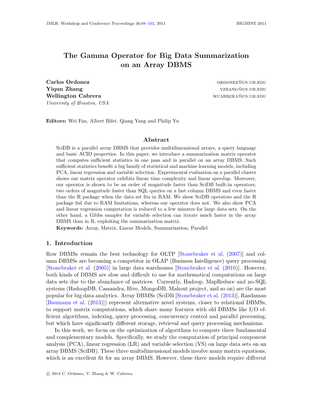 The Gamma Operator for Big Data Summarization on an Array DBMS