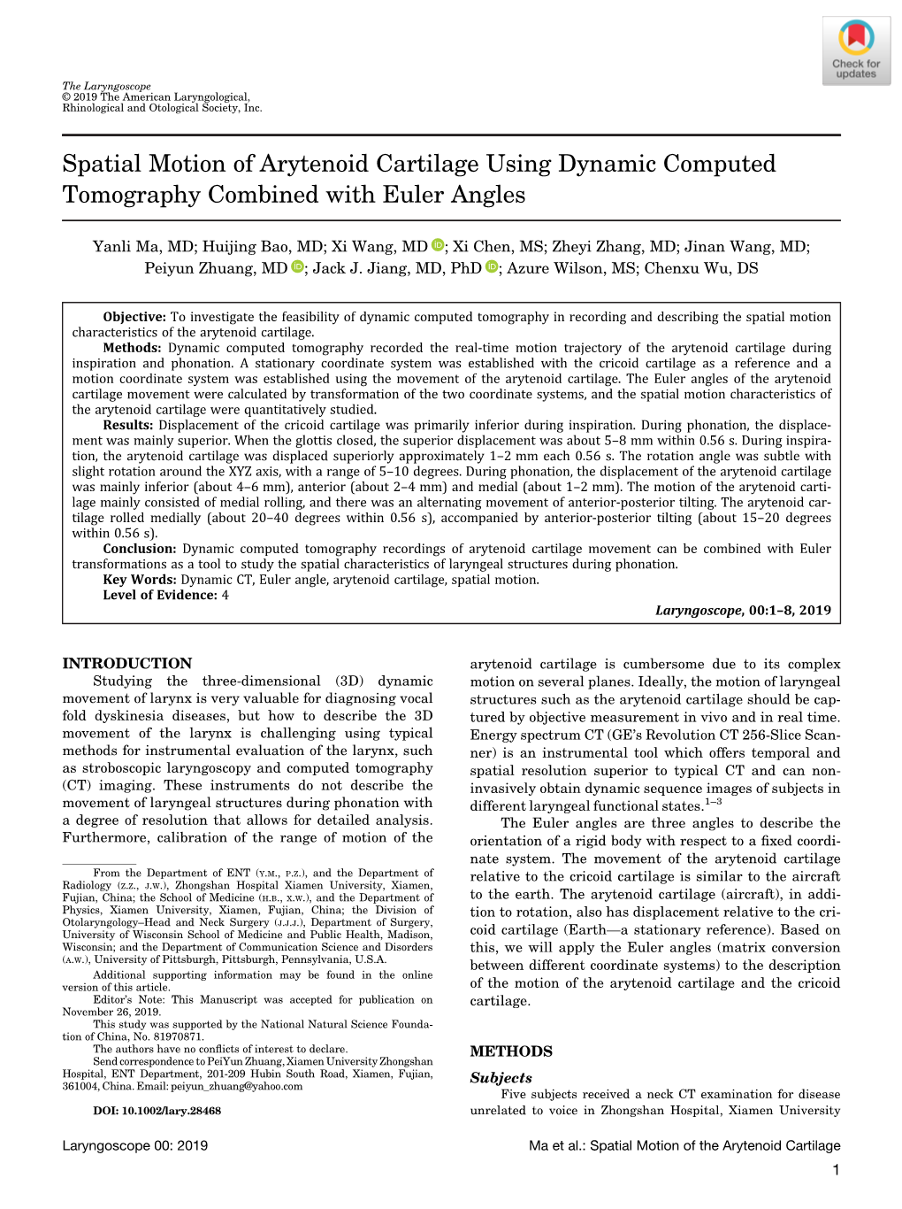 Spatial Motion of Arytenoid Cartilage Using Dynamic Computed Tomography Combined with Euler Angles