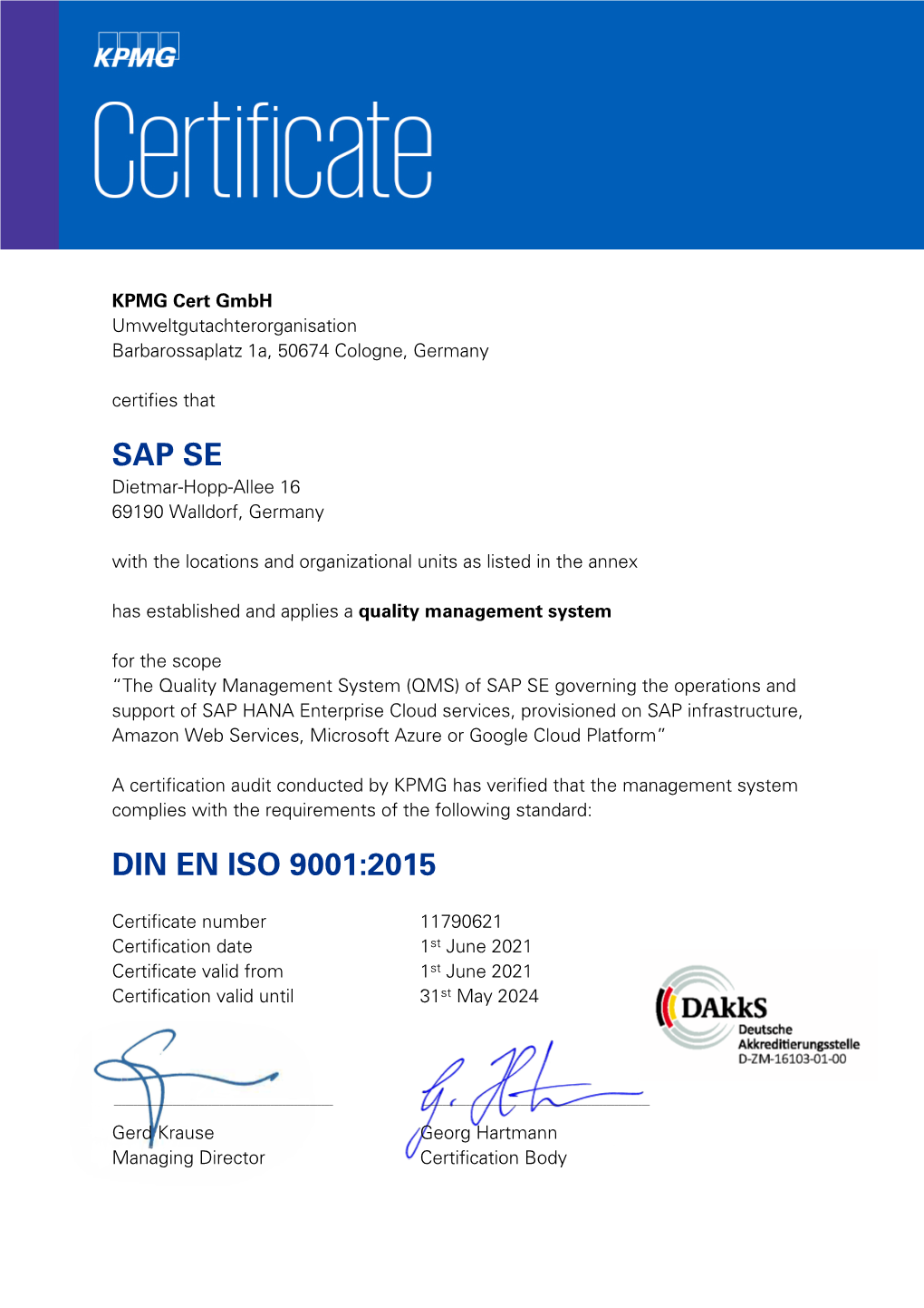 Sap Se Din En Iso 9001:2015